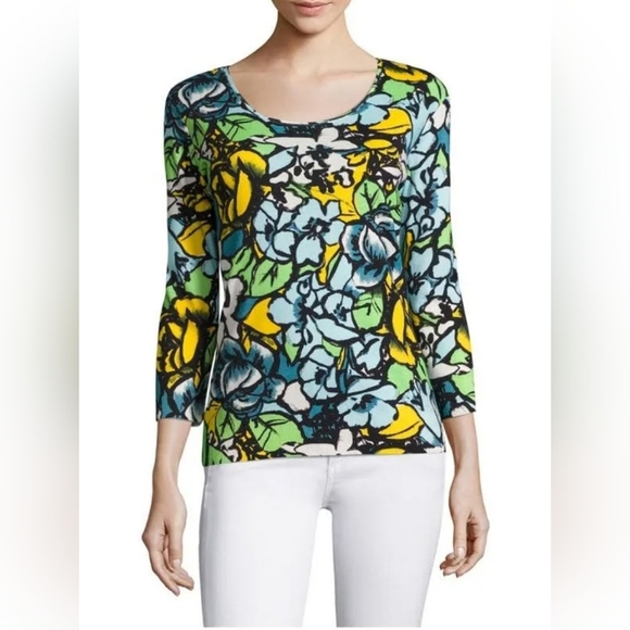 Escada Womens Floralprint Blue Yellow Green White Pullover Knit Size Small - Picture 1 of 16